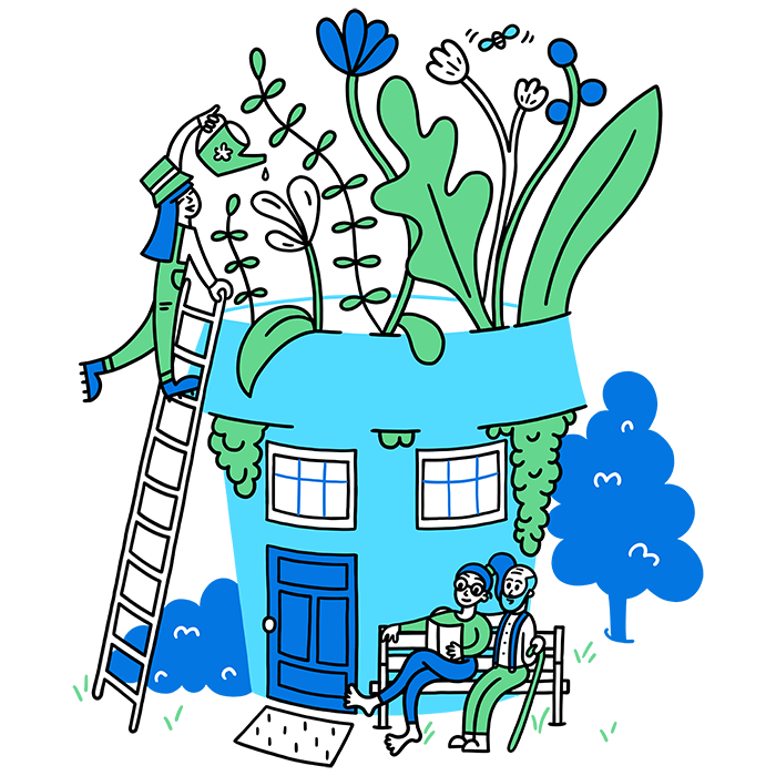 Illustration of a house shaped like a flowerpot with a woman watering plants on the roof