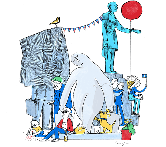 Composed illustration of people and statues on a celebratory day in Reykjavík