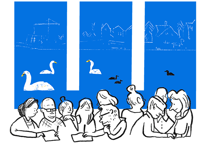 Illustration of city councilors in the Tjarnarsalur hall of City Hall.