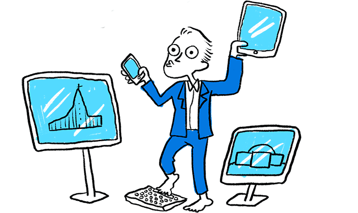 Illustration of a man with a smartphone, tablet and desktop computer.