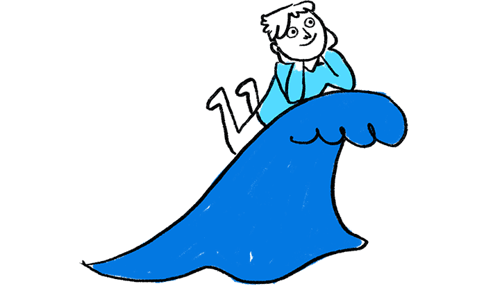 Illustration of a person lying dreamily on the crest of a wave.