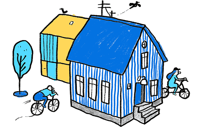 Illustration of houses and two people on bicycles.