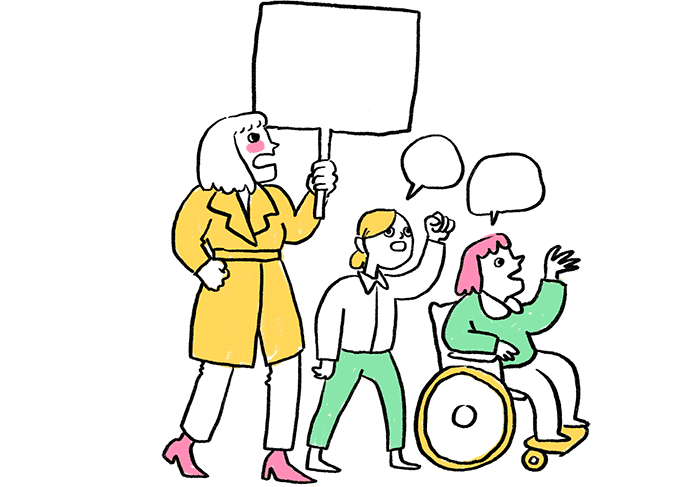 Illustration of three people in a protest march. One of them is in a wheelchair.