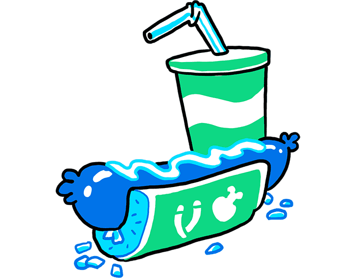Illustration of a hot dog and a glass of soda.
