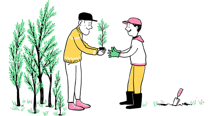 Illustration of a man handing a plant to a boy.