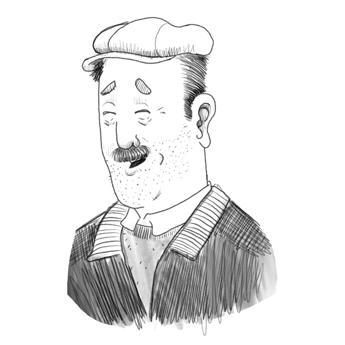 Illustration of an older man laughing.