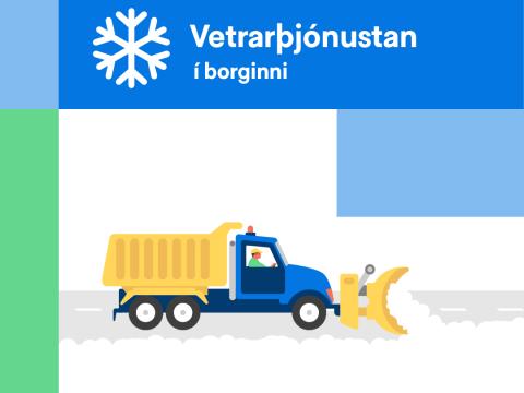 Teikning af snjóruðningsbíl að störfum.