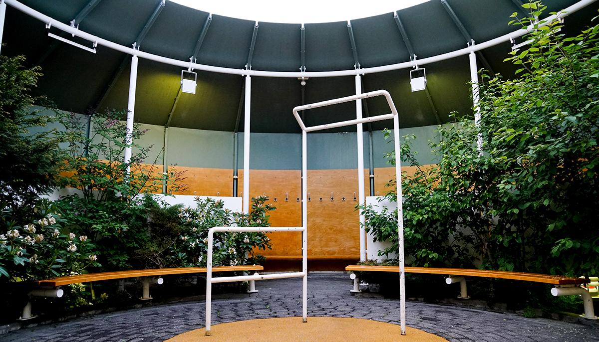 Outdoor changing rooms at Árbæjarlaug
