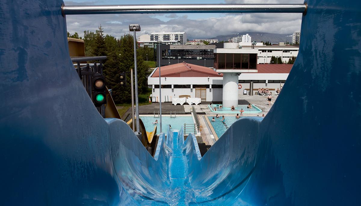 View down the large slide at Breiðholtslaug pool
