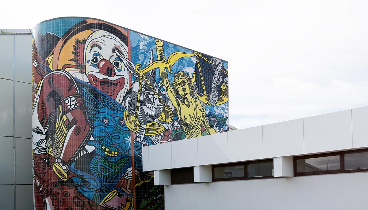 Outdoor artwork by Erró on the facade of Breiðholtslaug