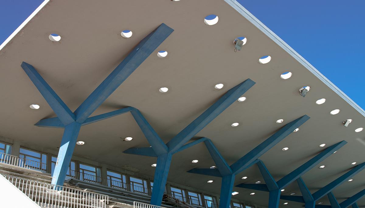 Interior view of grandstand roof at Laugardalslaug