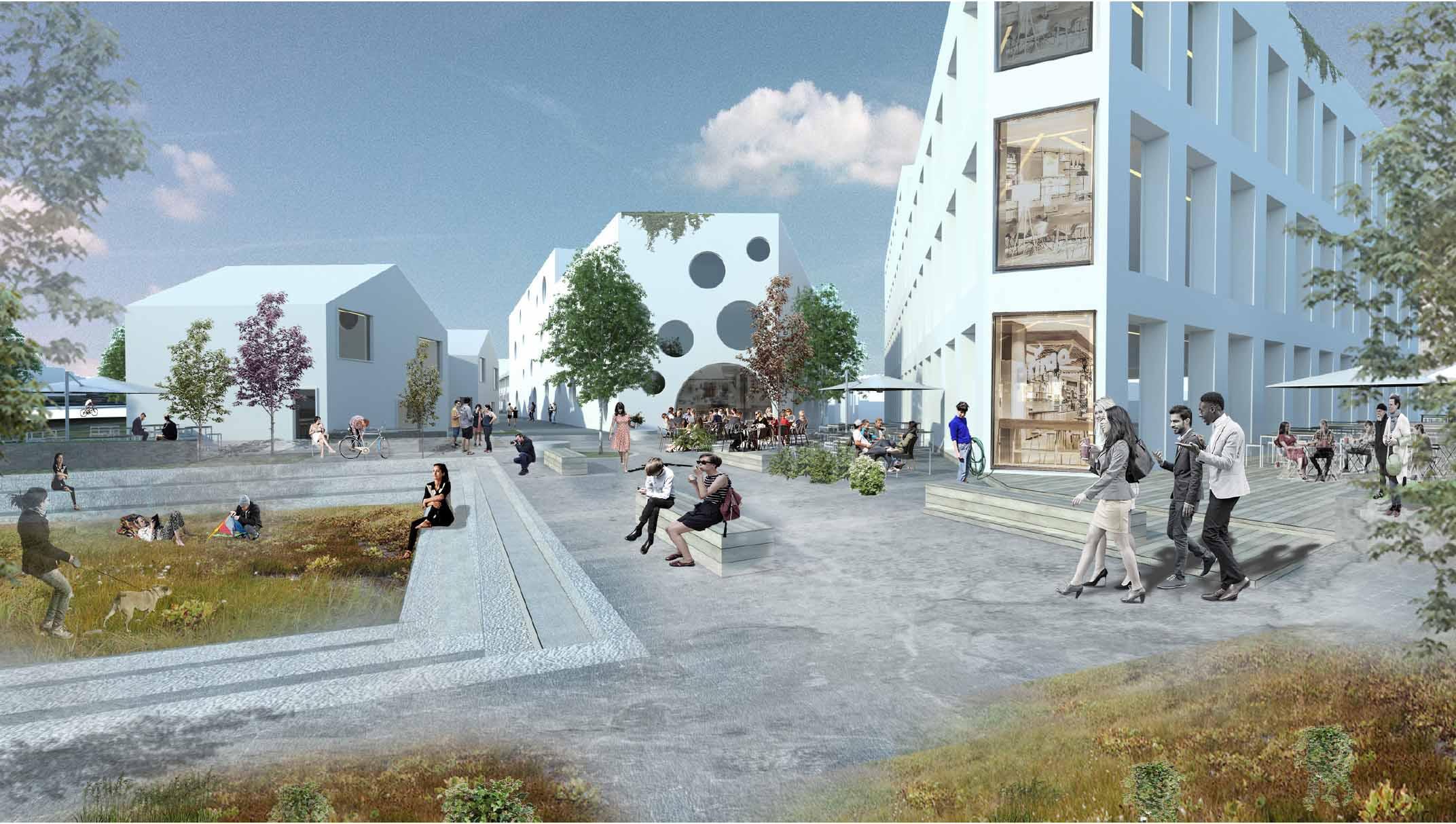 Tölvugerð mynd af torgi. Fólk að labba og fólk sem situr á bekk.