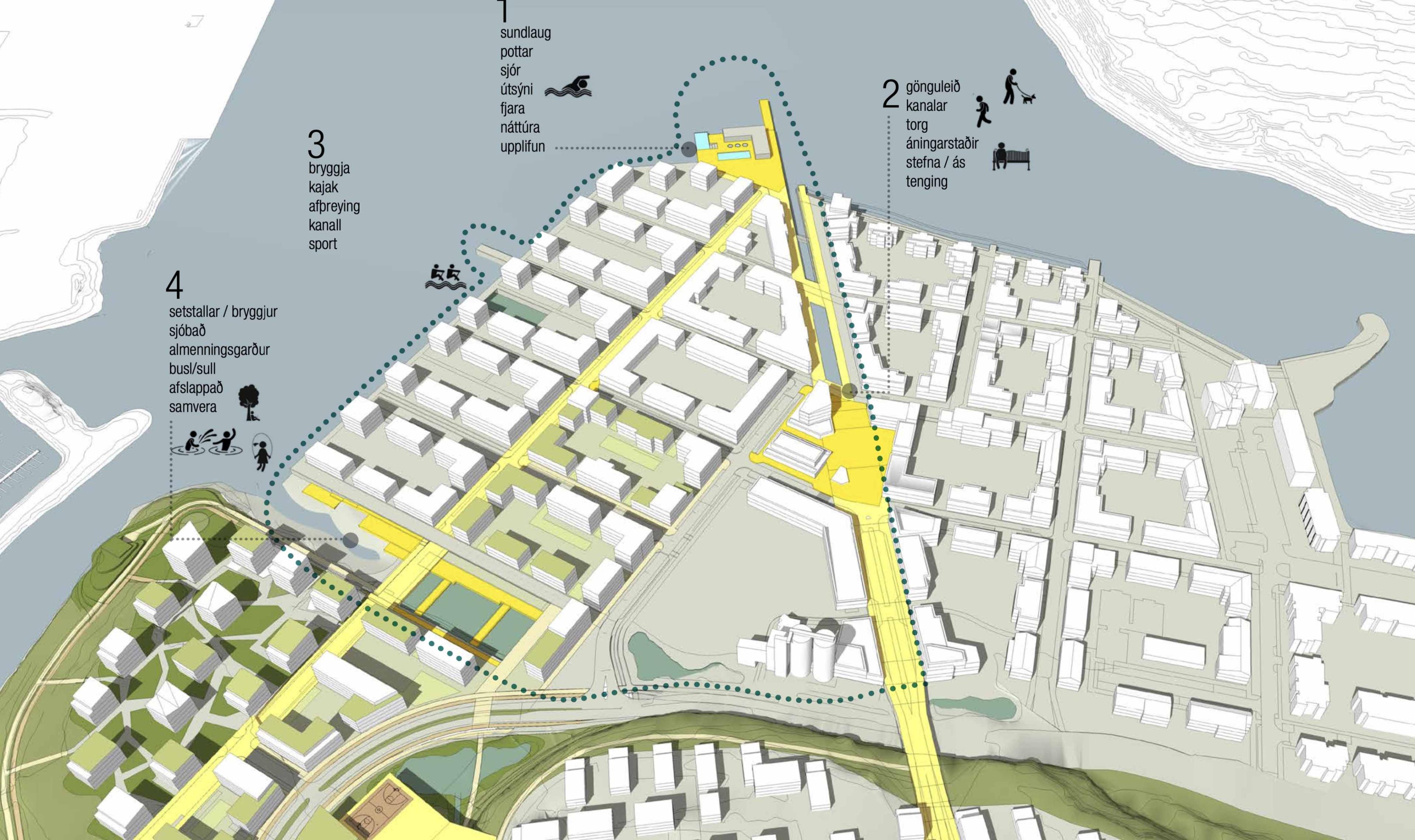 Computer-generated image of how the outermost area at Elliðavogur could look. Trails, green space, houses and recreation such as sea baths and sailing.