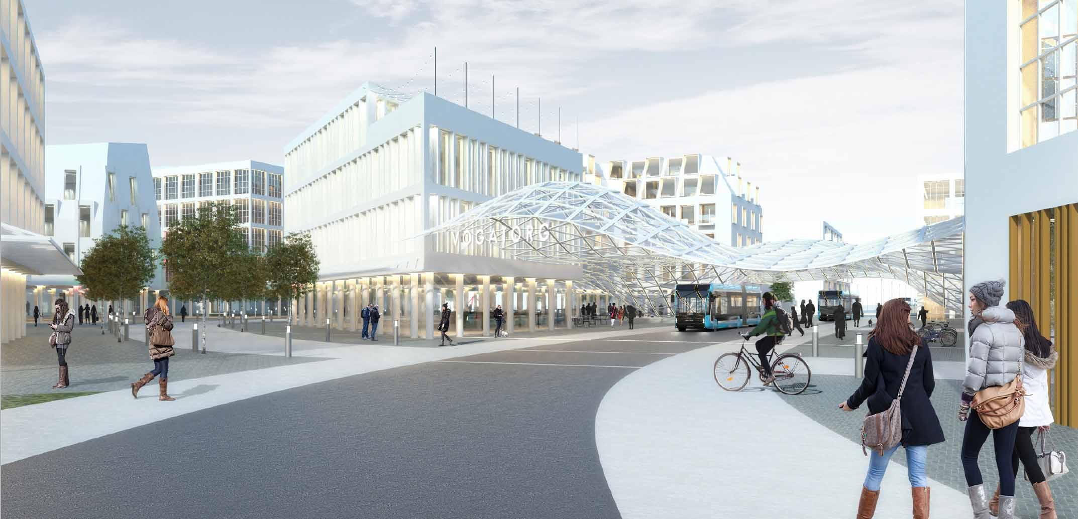 Tölvugerð mynd af því hvernig Vogatorg gæti litið út. Verslunarhúsnæði og göngugata, yfirbyggt að hluta.