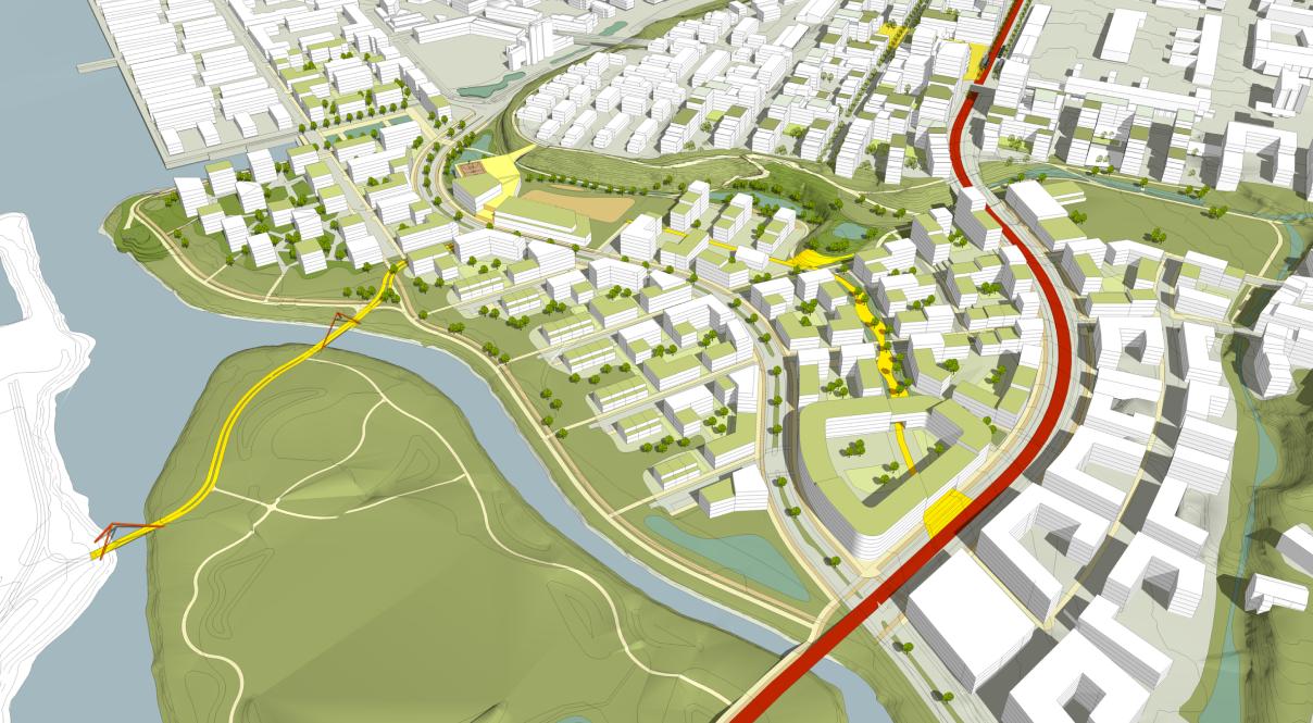 Computer-generated image of CityLine planning that runs beneath Sævarhöfði. Geirsnef and Elliðaá river are in the foreground. 