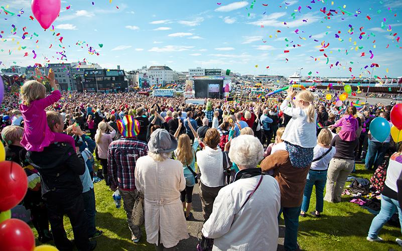 Crowd at Arnarhóll during Reykjavík Pride.