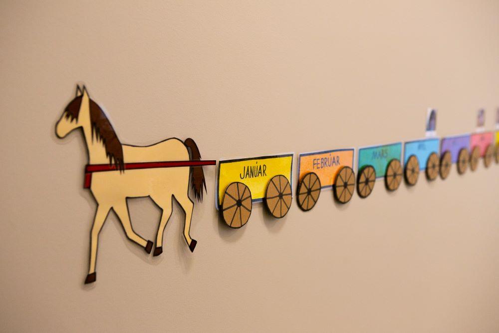 Names of months and children on the wall at the nursery school at Bríetartún.