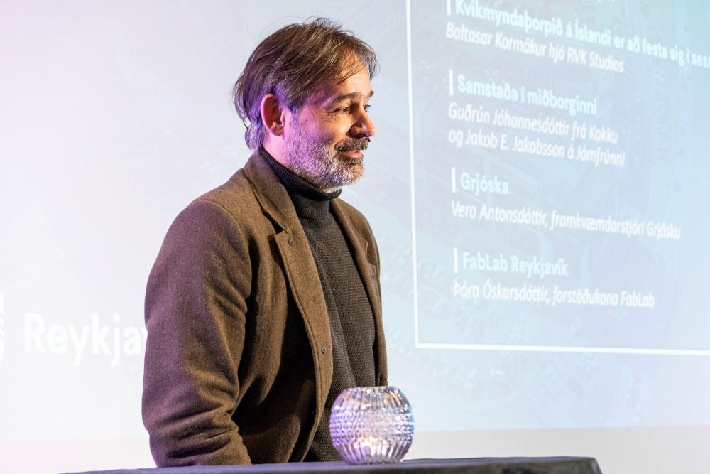 Baltasar Kormákur speaks at the Economic and Urban Development meeting in 2023.