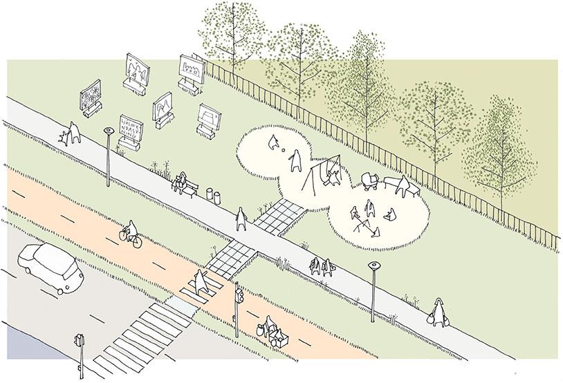 Illustration of stopping points and leisure area along the hot water main conduit.