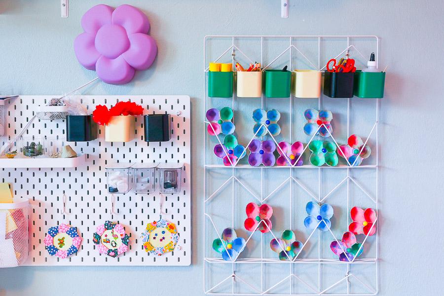 Wall shelves with flowers and trinkets. 