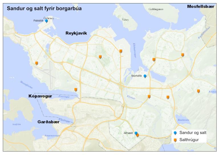 Kort sem sýnir staðsetningar salthrúga í borgarlandinu.