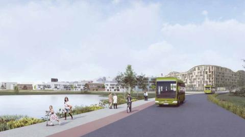 CityLine by Elliðaá. City bus, walking path with public life and building in the distance.