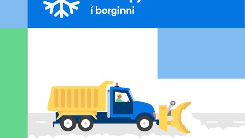 Teikning af snjóruðningsbíl að störfum.