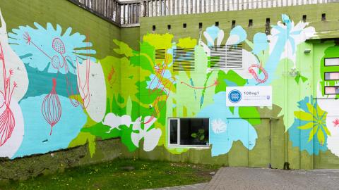Illustrated outdoor walls and logo of the youth center 100og1.