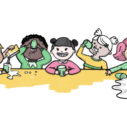 Illustration of five children drinking at preschool.